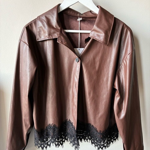 Belle leatherette jacket new, brown with black lace trim