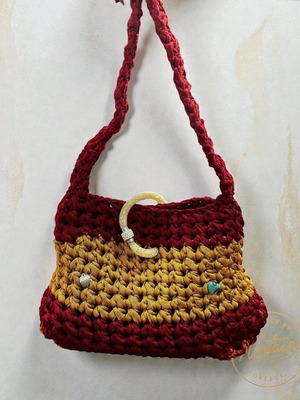 Handmade knitted shoulder bag new, burgundy and mustard