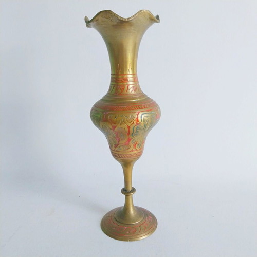 Vintage Indian brass vase used, hand engraved and painted
