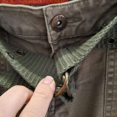 Vintage flare khaki pants with military belt, size XS, like new