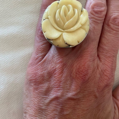 Statement ring handmade from Italy with wood and carved bone flower