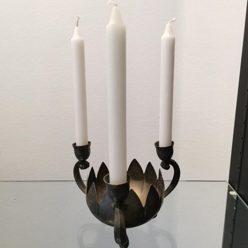 Vintage three-arm candlestick used, silver-plated metal
