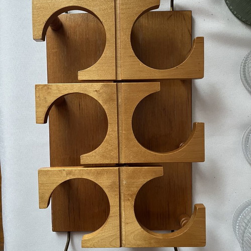 Vintage wooden tray with 6 circular slots, Mid-Century Modern style