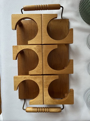 Vintage wooden tray with 6 circular slots, Mid-Century Modern style