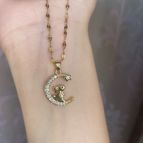 Necklace with bunny on moon and zircon new with steel chain