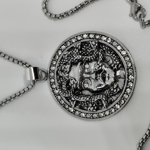 Medusa Pendant in Steel like new with rhinestones and chain