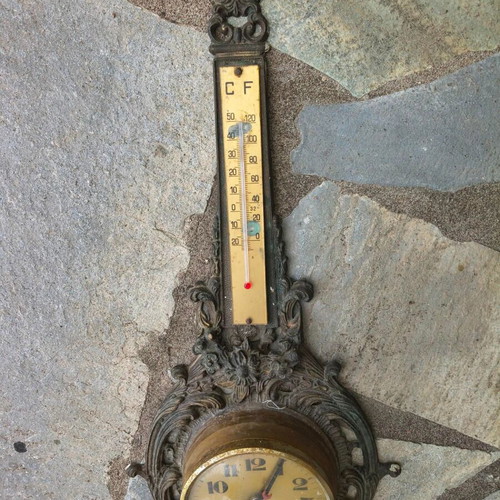 Barometer Hygrometer Thermometer Clock vintage used, brass hanging weather station