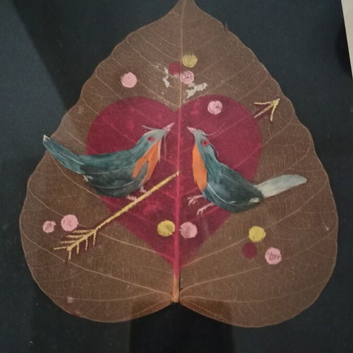 Handmade paintings on dried Peepal leaves set of 4, used