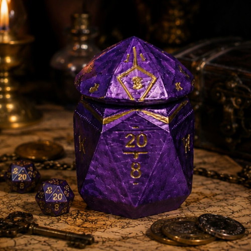 D20 Fantasy Dice Box new, purple and gold, 3D printed