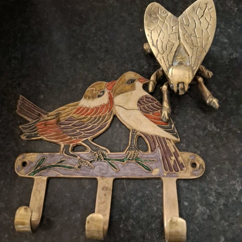 Vintage brass enamel wall decor for birds, vintage bronze box and decorative spoon used