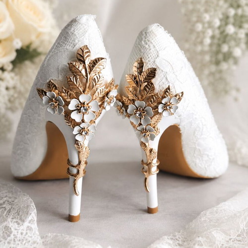 Handmade bridal shoes with romantic lace and golden details size 38