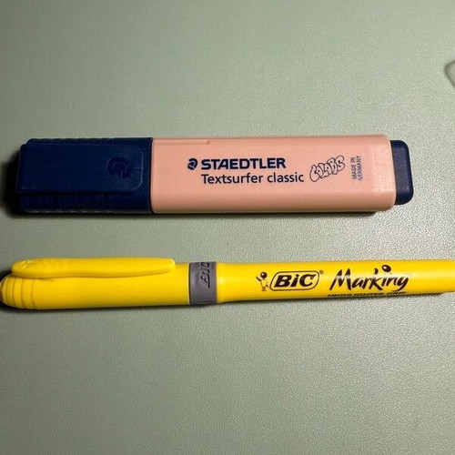 Stationery set with notebook, pen, highlighters, clips, and post-it notes