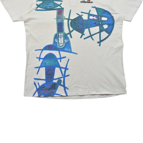Ellesse vintage art print polo shirt 90s white blue, used, size L