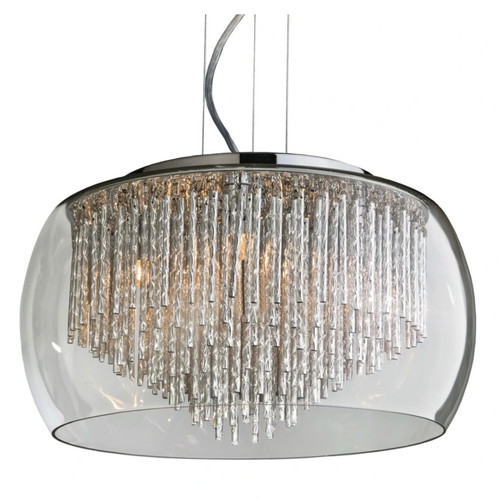 Pendant light with transparent glass shade and decorative rods