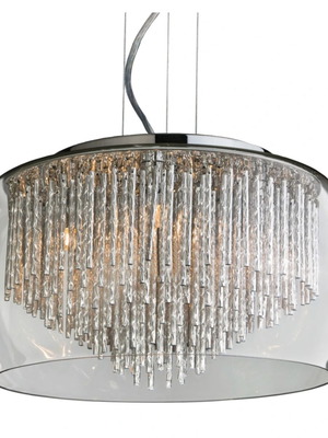 Pendant light with transparent glass shade and decorative rods