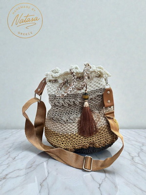 Handmade knitted crossbody bag with tassel in earthy tones