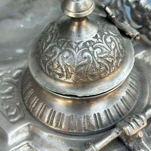 Vintage double metal inkwell with embossed decoration