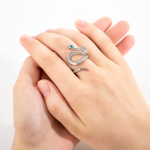 Silver S925 Snake Ring with Blue Stone, Adjustable