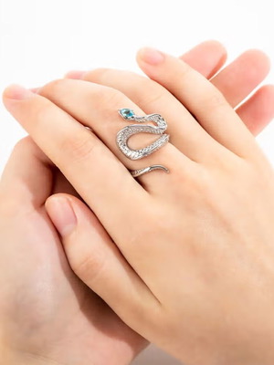 Silver S925 Snake Ring with Blue Stone, Adjustable