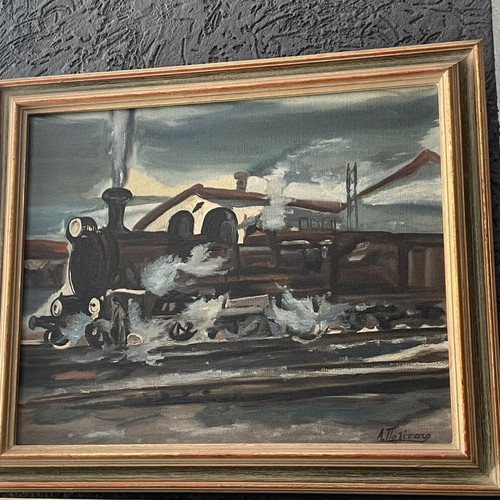 Paintings The Trains signed artworks in wooden frame set of 3
