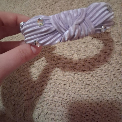 Fabric hairband like new, purple with knot and rhinestones