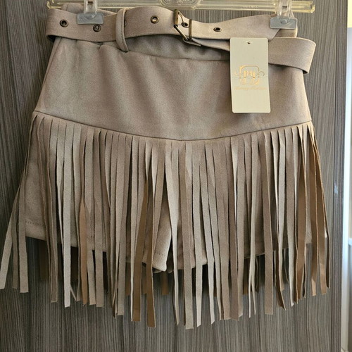 Skirt with fringes and built-in shorts, new, beige brown
