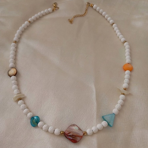 Handmade women's necklace with mother of pearl and lava stone new