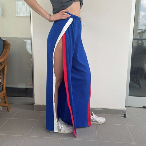 Blue Wide-Leg Pants with Side Slits and Stripes like new