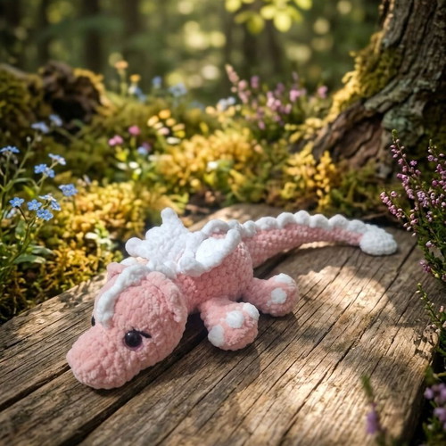 Handmade plush dragon pink and white, 32 cm, new
