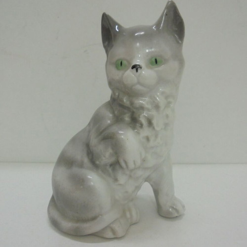 Vintage porcelain cat figurine, white-gray with green eyes