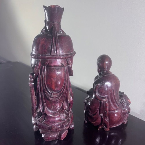 Vintage Chinese Handcrafted Wood Carved Figures Set of 2