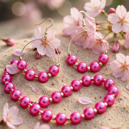 Handmade hot pink summer necklace and earrings set new