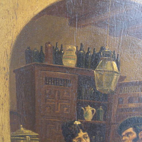 Antique Spanish Tavern Scene Oil Painting on Wooden Panel used
