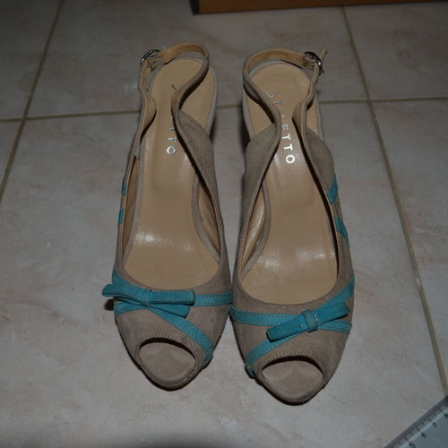 Stiletto sandals used, beige and turquoise, size 36, 10 cm heel