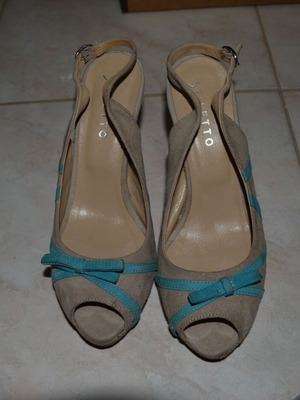 Stiletto sandals used, beige and turquoise, size 36, 10 cm heel