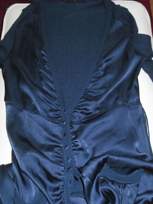 Sotto Marino cardigan blue like new, satin and knit with belt