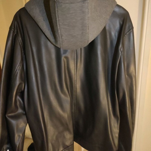 Zara Man faux leather men's jacket new, size XL, black with gray hood