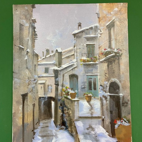 Artwork on canvas with snowy landscape