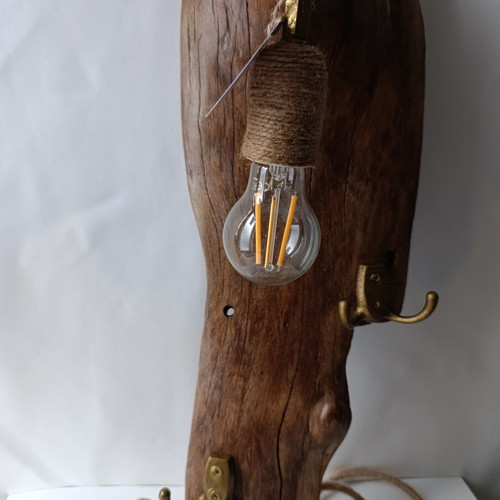 Handcrafted Driftwood Wall Lamp with Vintage Coat Hooks