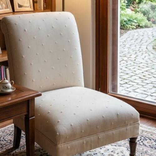 Accent chair beige fabric with wooden legs