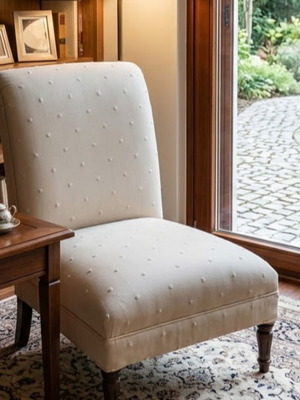 Accent chair beige fabric with wooden legs