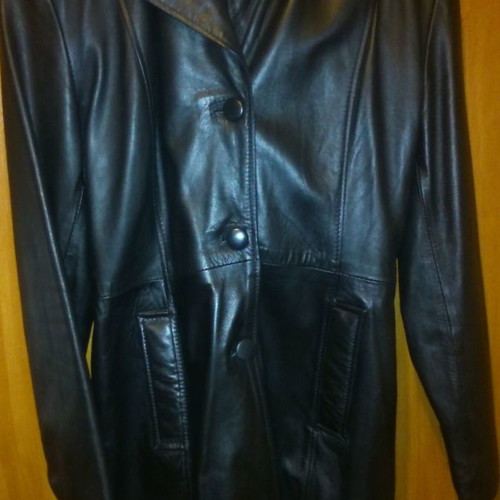 Long leather jacket used, black, genuine leather, vintage