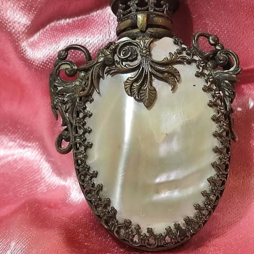 French antique perfume bottle used, mother of pearl with gilded bronze