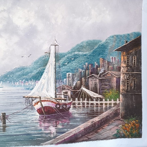 Large Oil Painting on Canvas Seascape 96×68 cm by B. HWAN
