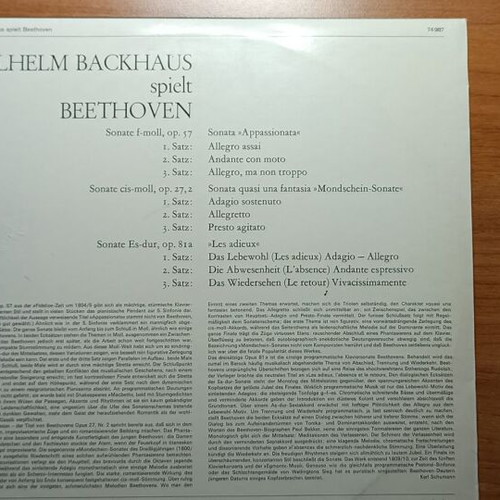 Beethoven Wilhelm Backhaus vinyl record various Sonata like new