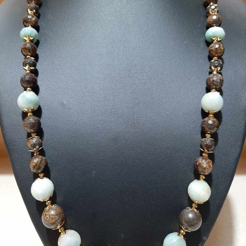 Necklace with amazonite and bronzite in surgical steel, new