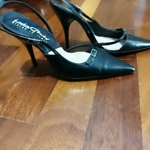 Black Leather Stiletto Pumps With Strap And Buckle New, Size 35