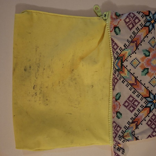 Bleecker & Love toiletry bag used, colorful ethnic jacquard