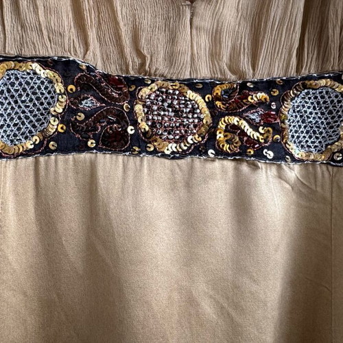 Long silk dress like new, beige and gold with decorative belt