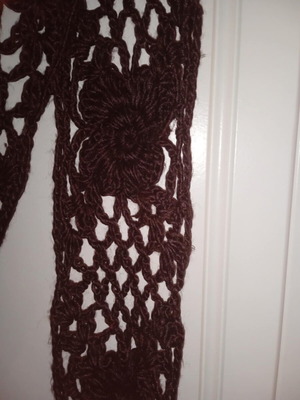 Knitted scarf new chocolate color with fringes and knitted flowers